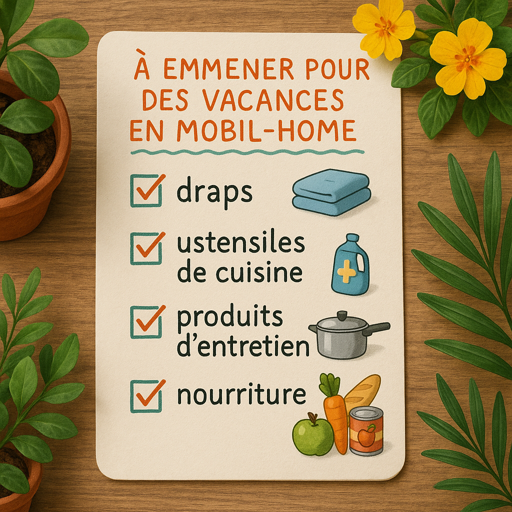 Checklist colorée d'éléments essentiels pour des vacances en mobil-home sur un fond en bois.