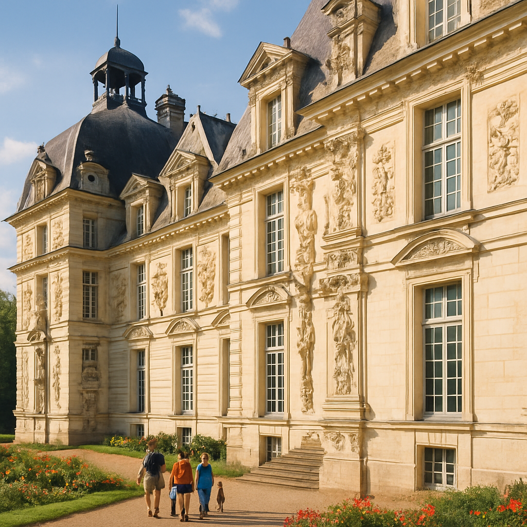 Détails architecturaux du Château de Cheverny avec ses jardins fleuris.