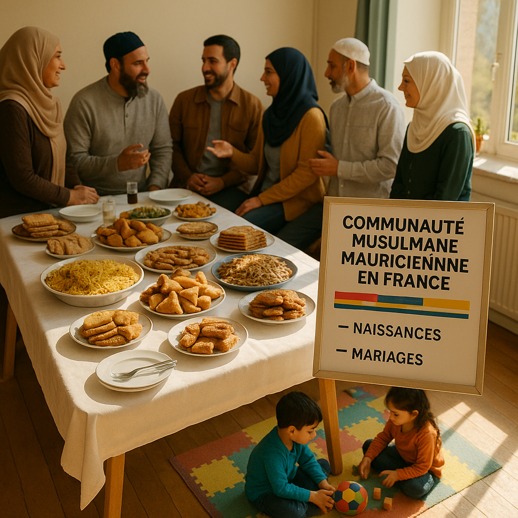 Réunion communautaire de la communauté musulmane mauricienne en France, avec un tableau de mets traditionnels et des annonces communautaires.