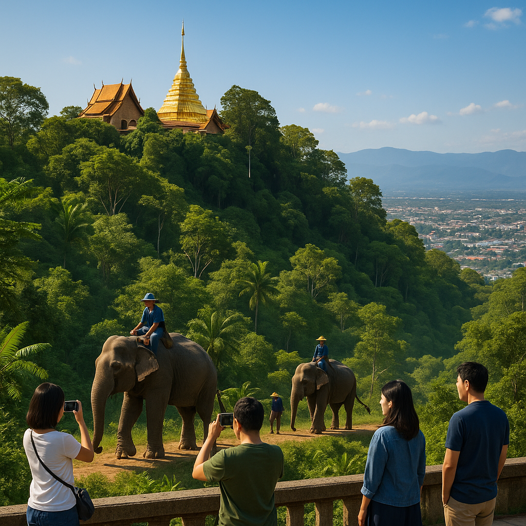 Vue du temple Wat Phra That Doi Suthep à Chiang Mai avec des visiteurs et une jungle environnante, sous un ciel ensoleillé.