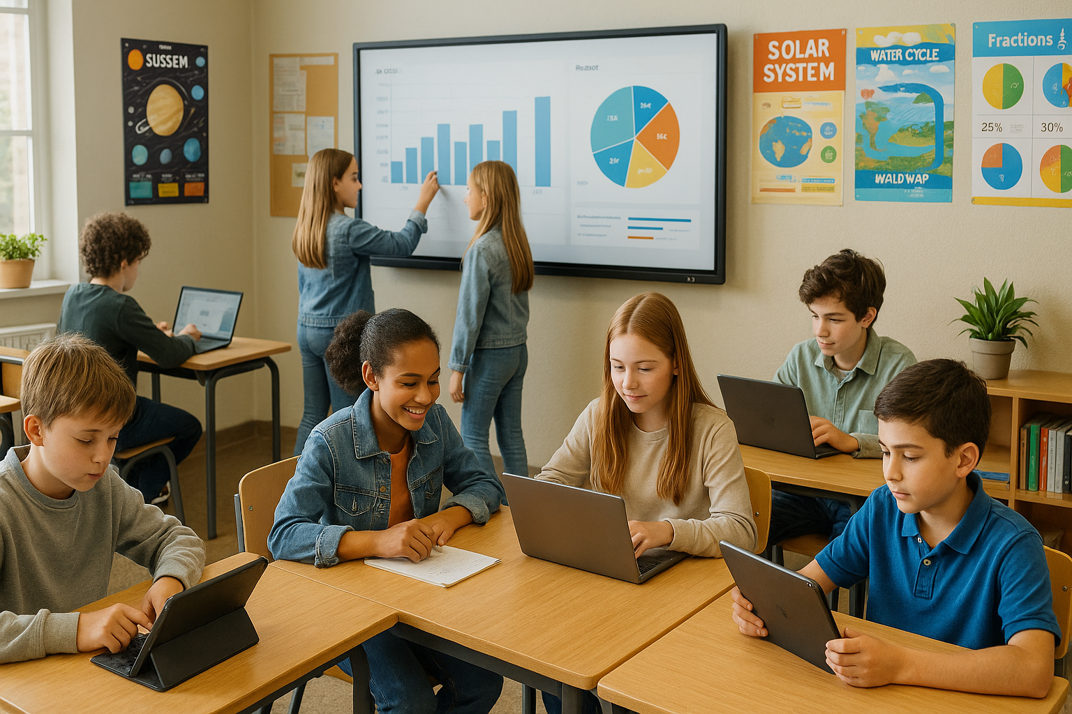 Collégiens collaborant sur un projet dans un espace de travail moderne