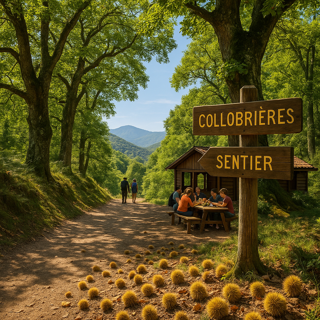 Sentier de randonnée à Collobrières avec châtaigneraies et silhouettes de randonneurs.
