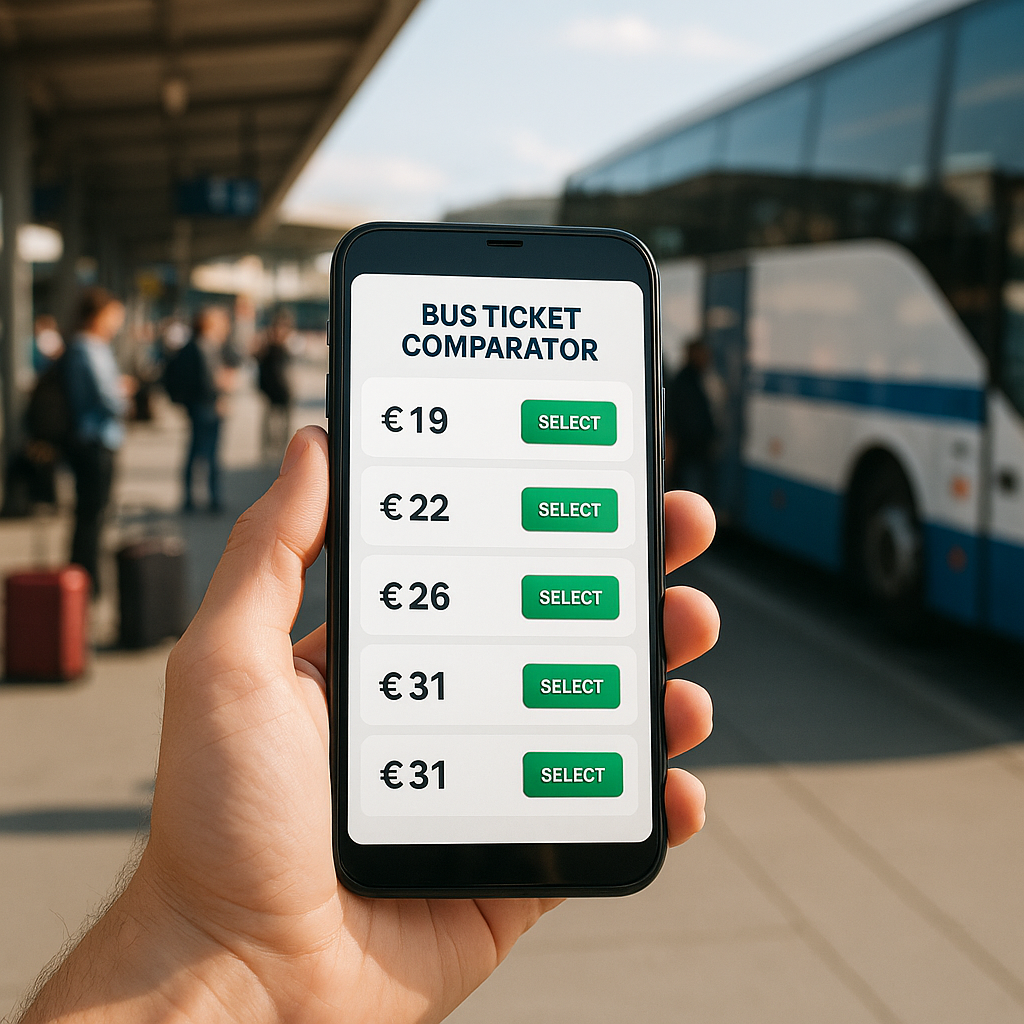 Main tenant un smartphone affichant un comparateur de billets de bus dans une gare.