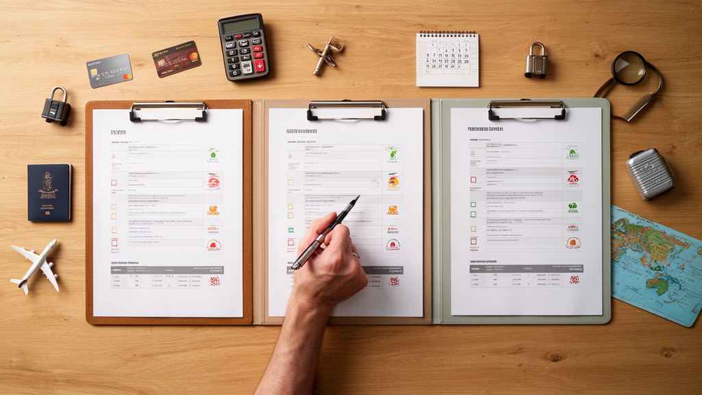 Comparaison de plusieurs devis de voyage avec checklist, cadenas et documents de réservation sécurisée.