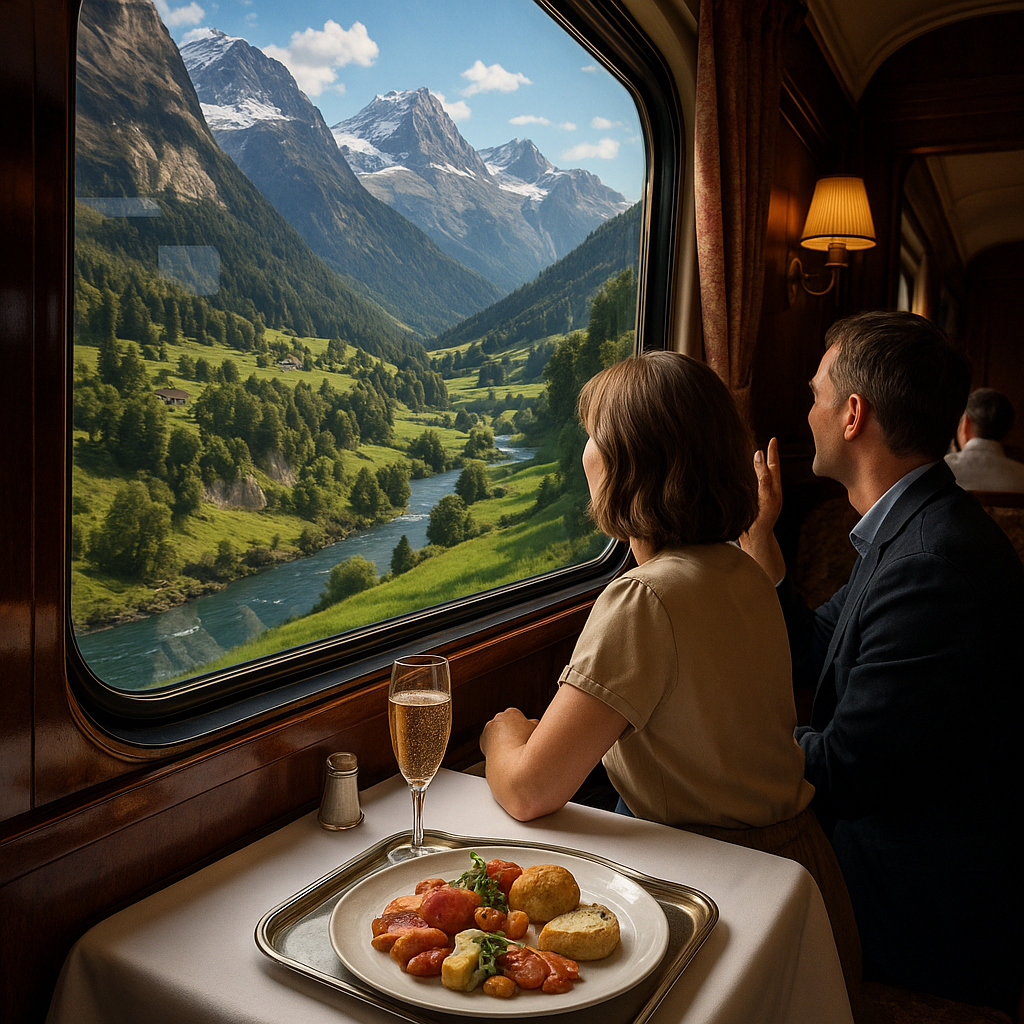 Un intérieur raffiné d'un train de luxe avec des passagers admirant des paysages alpin à travers la fenêtre.