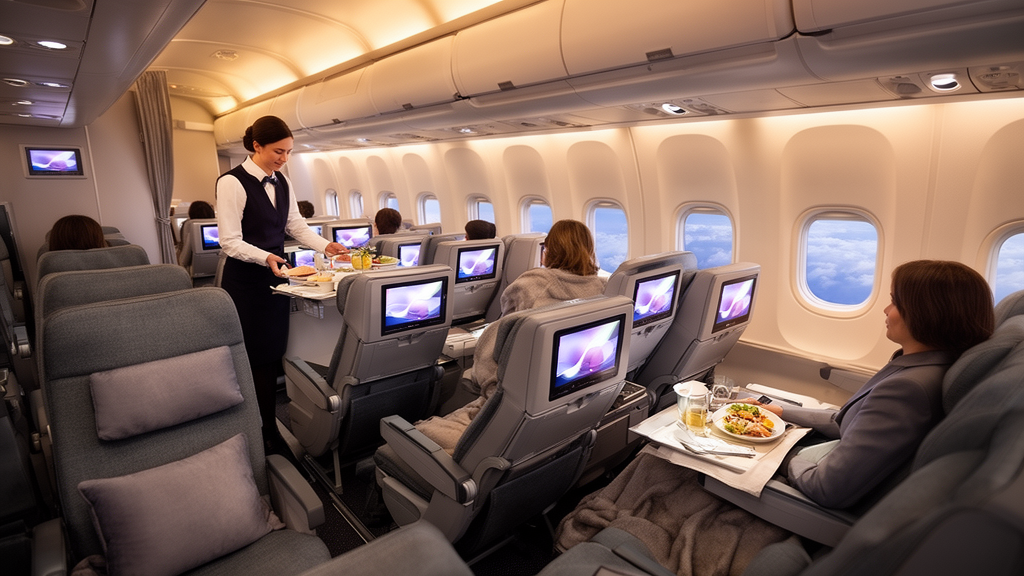 Cabine d’avion long-courrier moderne avec passagers, repas et service à bord pour illustrer le confort Etihad