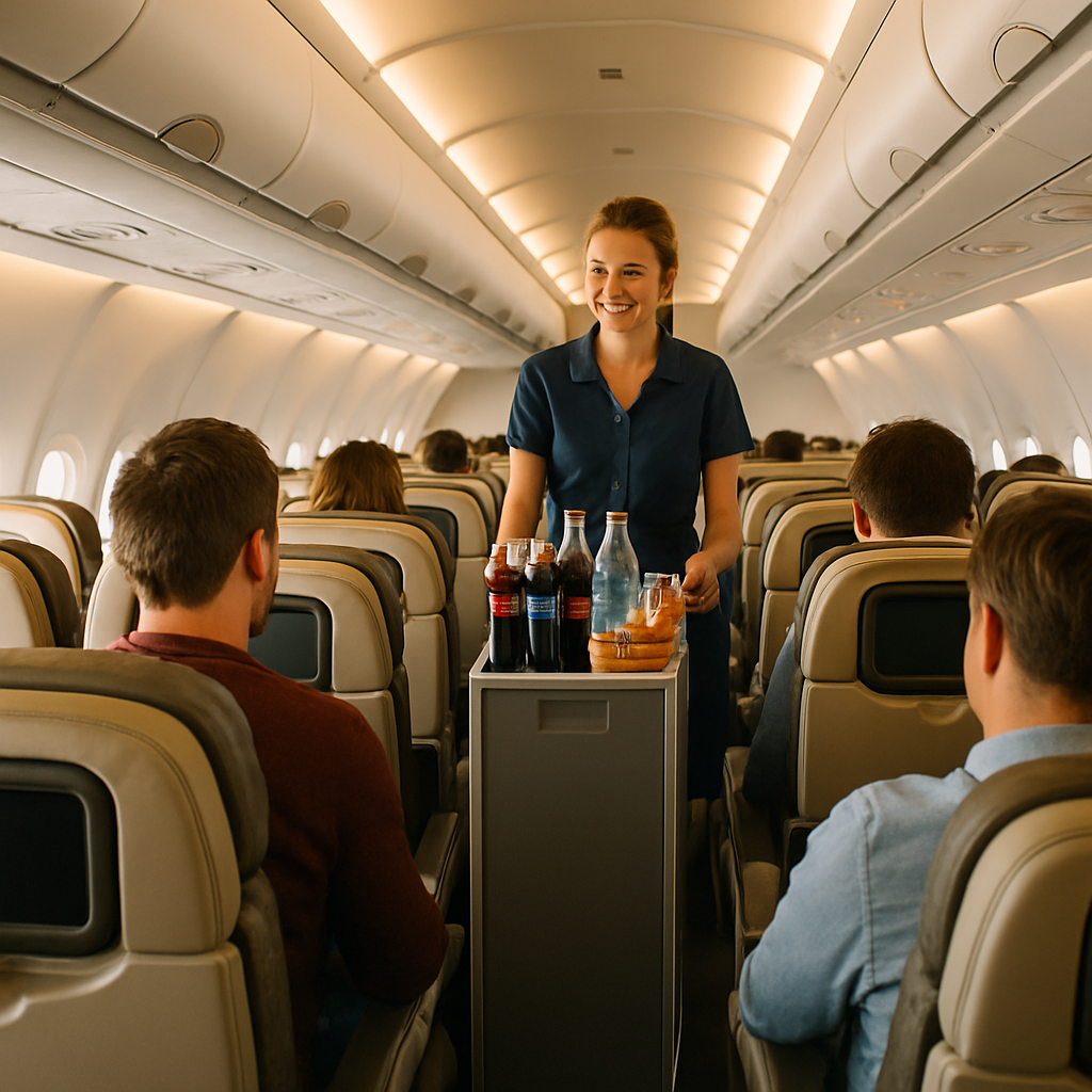 Intérieur d'un avion de ligne avec passagers et personnel de bord