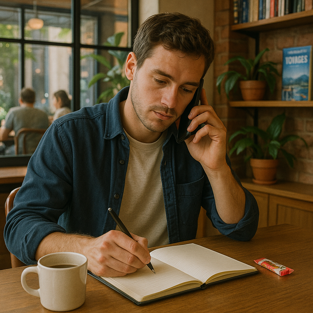 Personne au téléphone dans un café prenant des notes sur un carnet avec une tasse de café