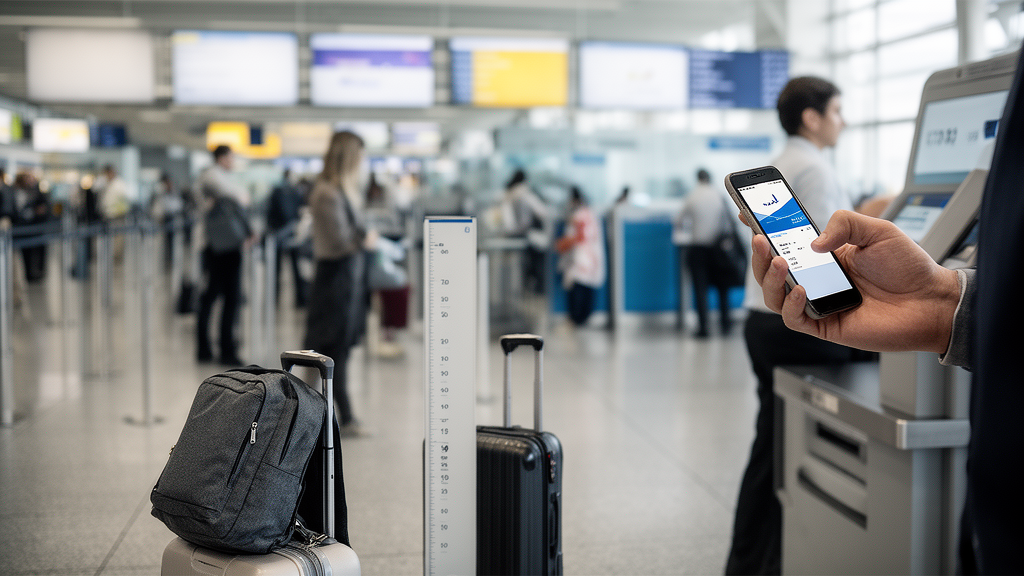 Voyageur à l’aéroport vérifiant sa carte d’embarquement Ryanair et la taille de son bagage avant le dépôt