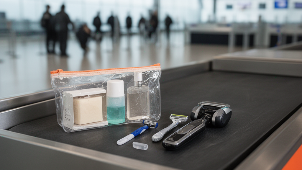Bac de contrôle aéroport avec rasoirs autorisés et produits de rasage au format voyage pour un bagage cabine EasyJet