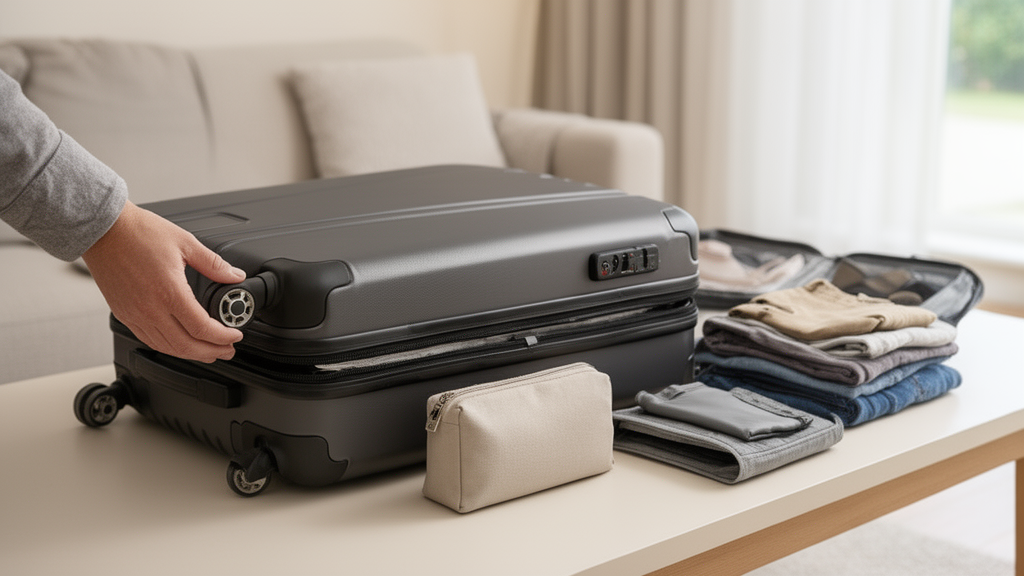 Vérification des roues, de la coque, de la fermeture et de la poignée d’une valise avant un voyage.