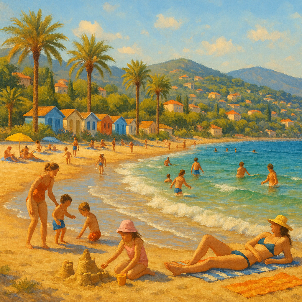 Plage de la Côte d'Azur, familles s'amusant dans l'eau et enfants jouant dans le sable.