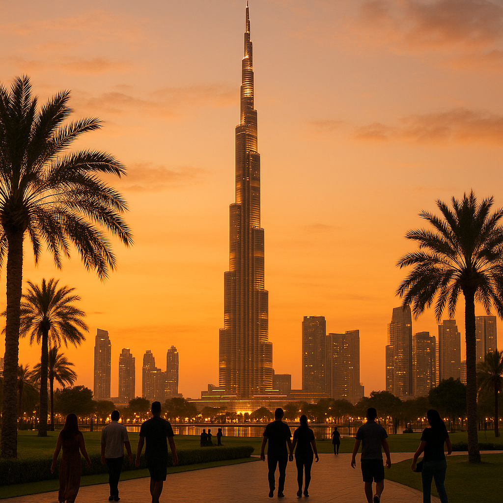 Scène urbaine de Dubaï au coucher de soleil avec le Burj Khalifa en arrière-plan et des palmiers.
