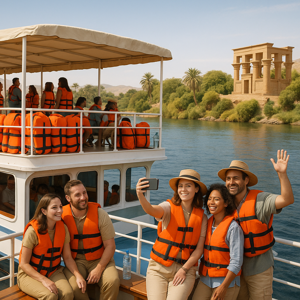 Vue d'une croisière sur le Nil avec des passagers en sécurité et heureux.