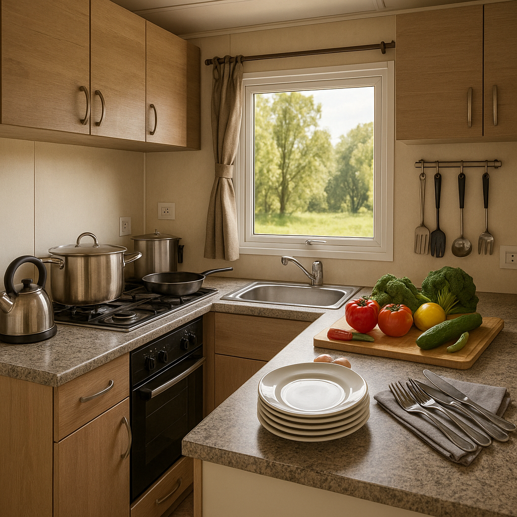 Cuisine de mobil-home avec des ustensiles et des aliments frais prêts à cuisiner.