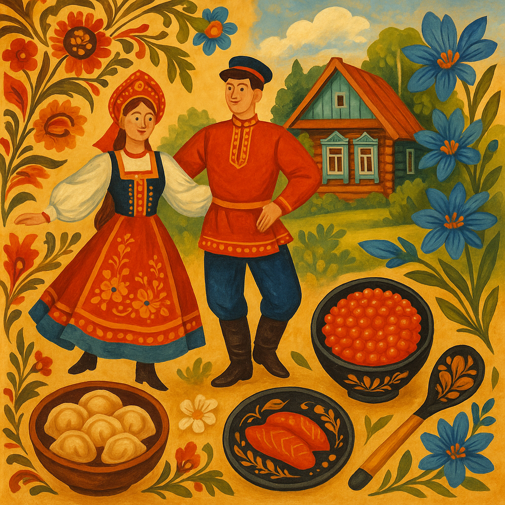 Illustration représentant la richesse culturelle de la Russie à travers des éléments traditionnels et des motifs folkloriques.