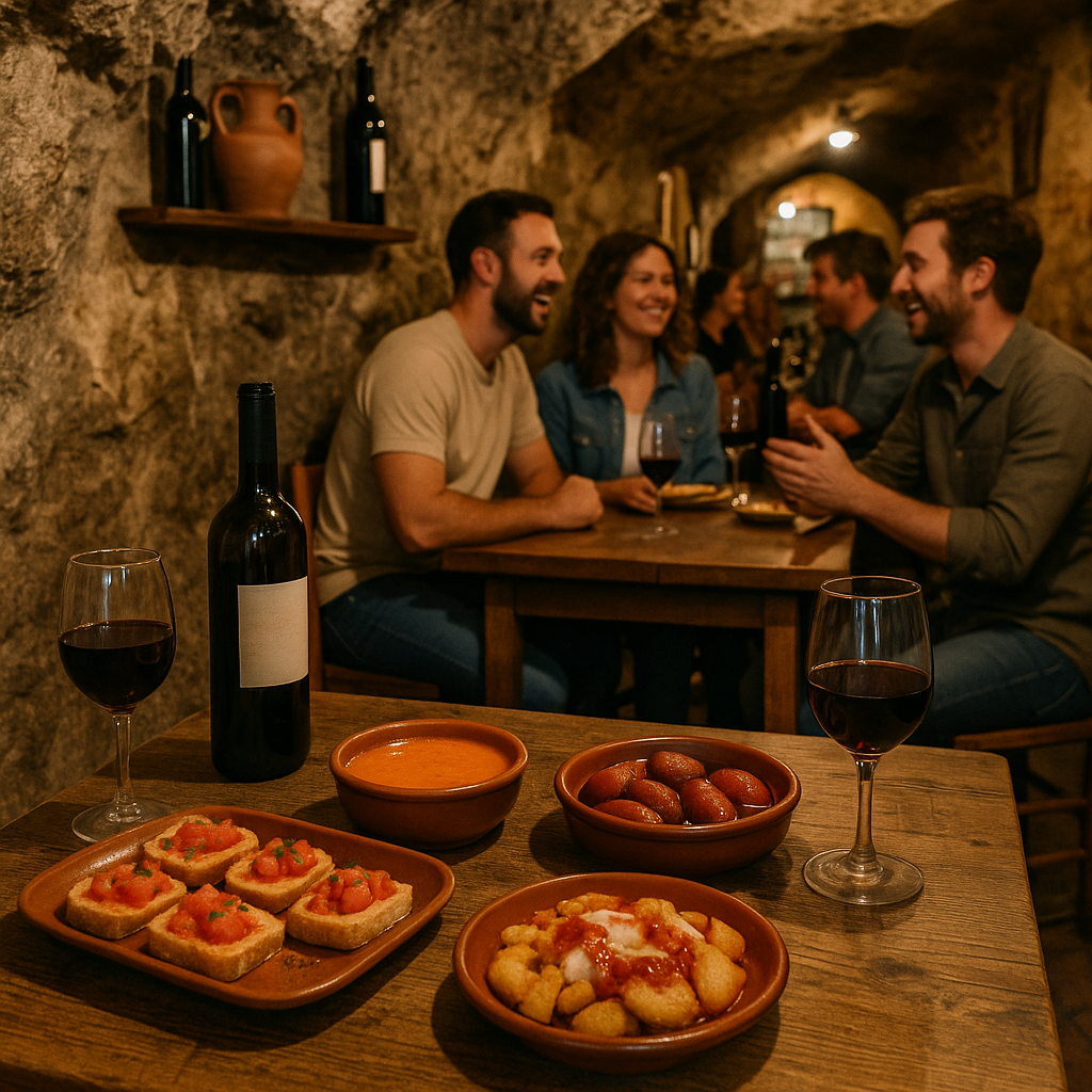 Scène de dégustation de tapas dans un bar-grotte de Setenil de las Bodegas, avec des plats traditionnels andalous.