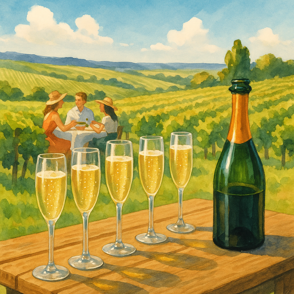 Dégustation de vin en Champagne avec flûtes de champagne et vignes en arrière-plan.