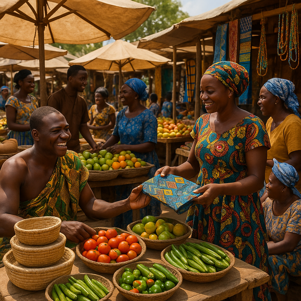 Scène animée d'un marché à Derassi avec des vendeurs et des acheteurs échangés des produits artisanaux et agricoles.