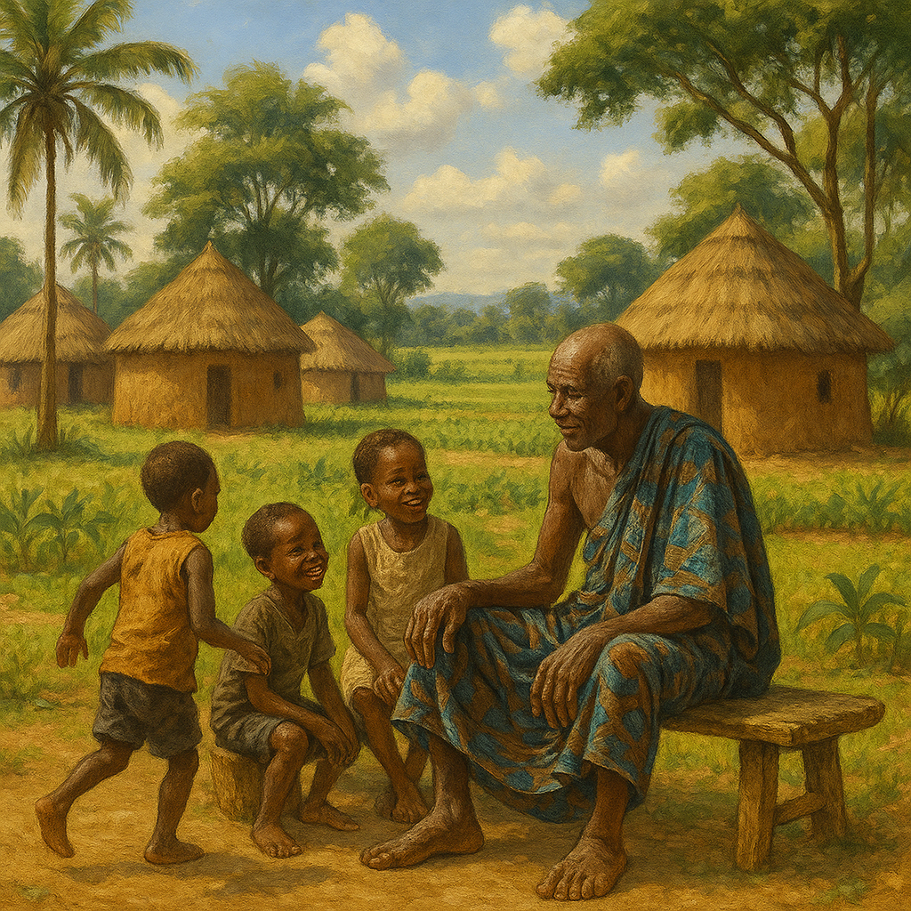 Un homme âgé et des enfants dans un village traditionnel de Derassi, entouré de maisons en terre et de champs verdoyants.