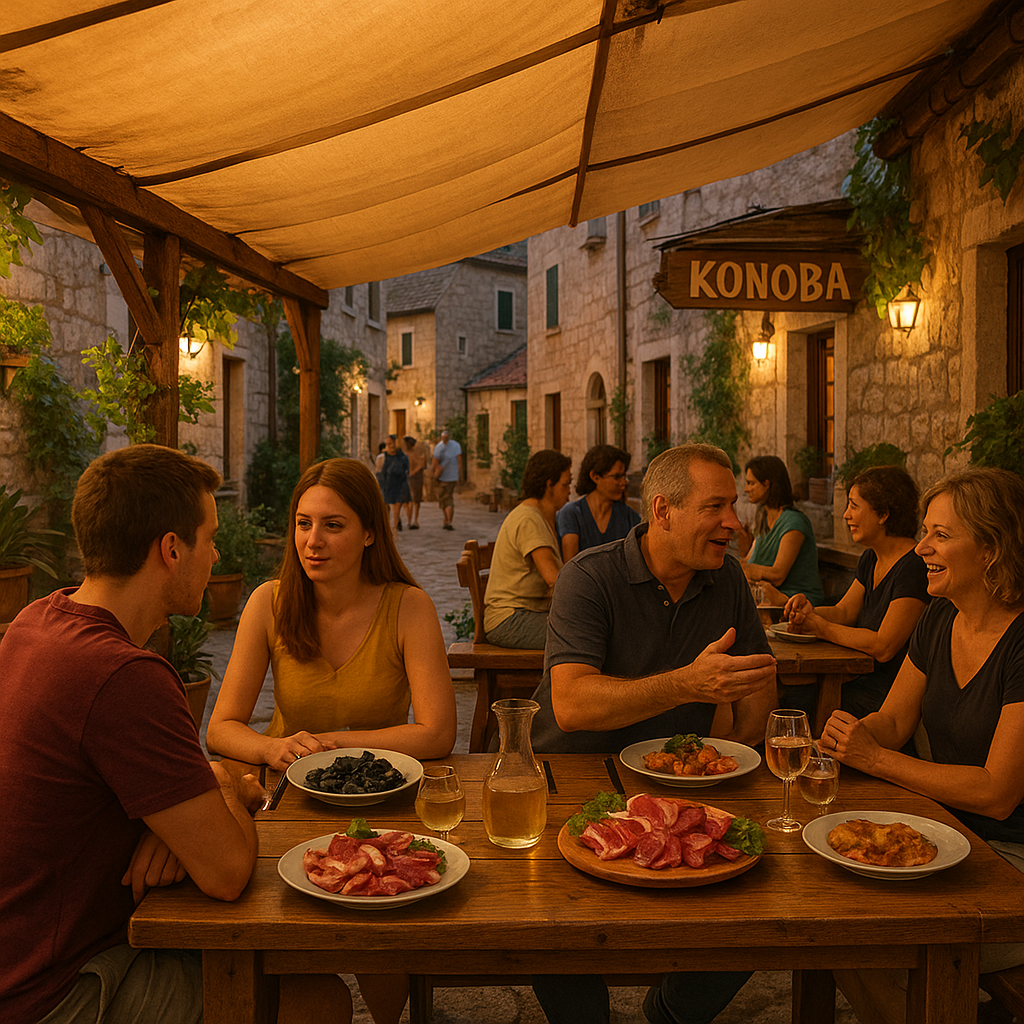 Scène d'une taverne croate avec des plats typiques et un cadre convivial, symbole de la gastronomie en Croatie.