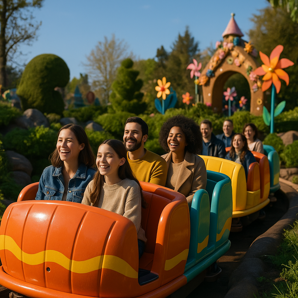 Visiteurs profitant d'une attraction à Disneyland Paris avec une ambiance festive.