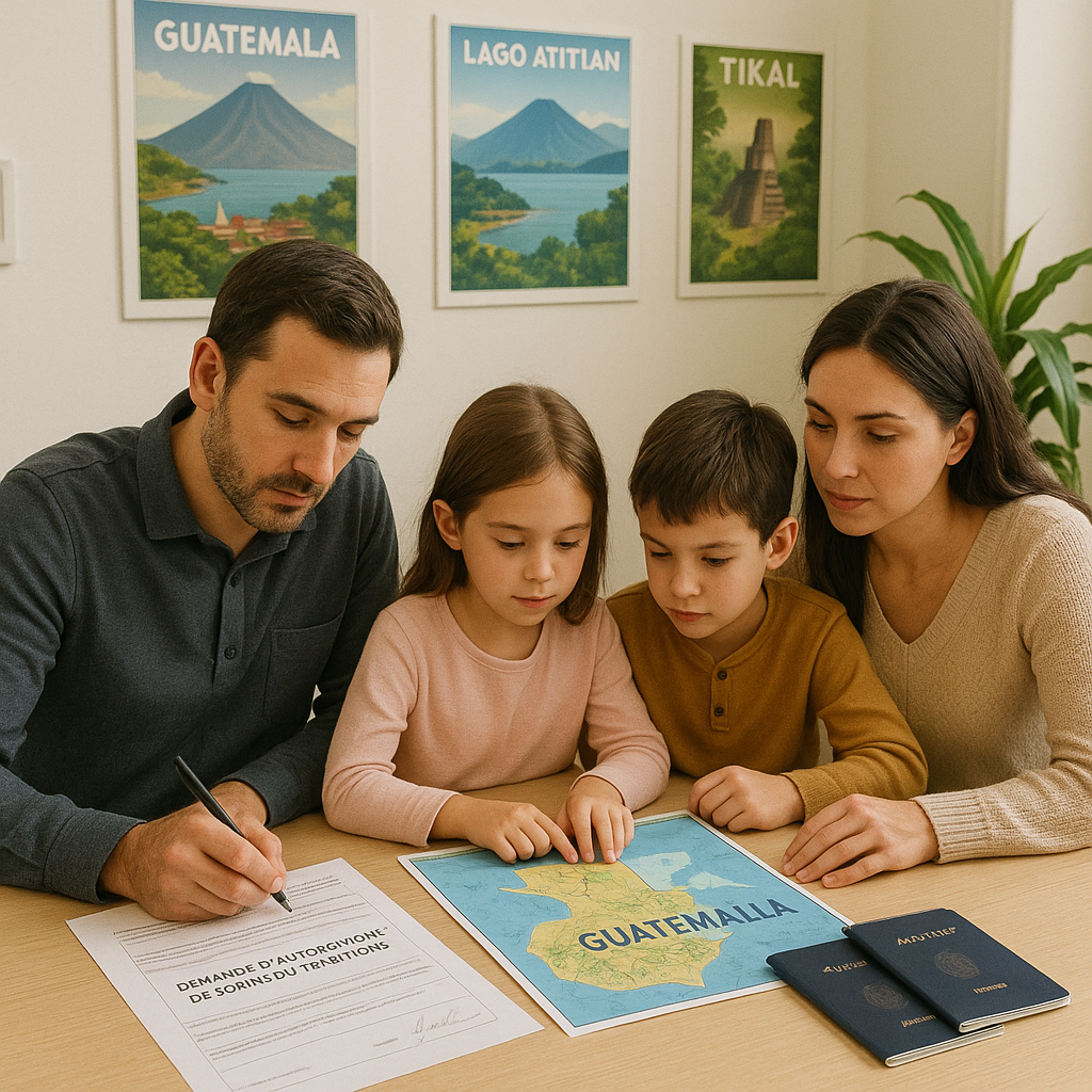 Une famille préparant les documents pour un voyage au Guatemala, illustrant l'autorisation de sortie du territoire pour les mineurs.