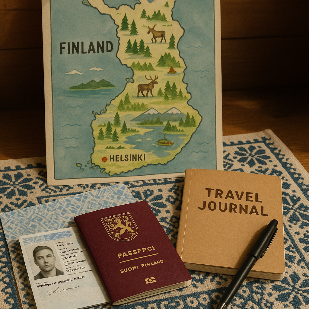 Table avec passeport et carte d'identité, carte de la Finlande à l'arrière-plan.