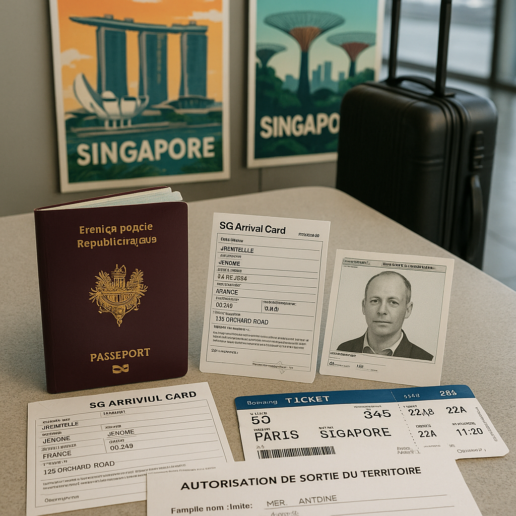 Documents de voyage disposés sur une table, incluant un passeport, une SG Arrival Card et un billet d'avion.