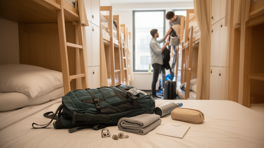 Dortoir d’auberge de jeunesse propre avec lits superposés, casiers, sac à dos, cadenas et accessoires de voyage.