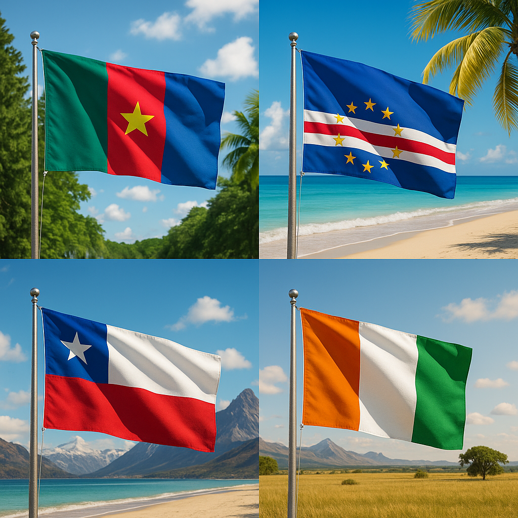 Visuel des drapeaux des pays commençant par C sur fond de paysages typiques.