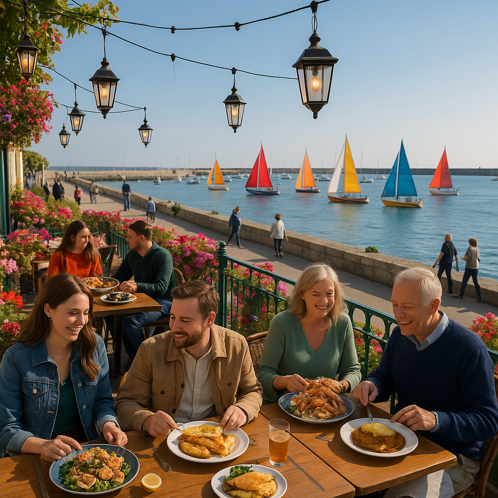 Restaurant en bord de mer à Dún Laoghaire avec vues sur le port et des plats de fruits de mer
