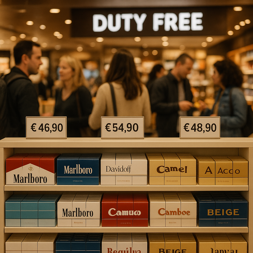 Illustration d'un comptoir de duty free avec cartouches de cigarettes et voyageurs en arrière-plan.