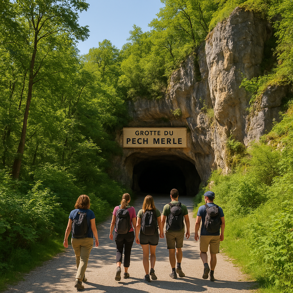 Entrée de la Grotte du Pech Merle entourée de végétation, avec des visiteurs se dirigeant vers la grotte.