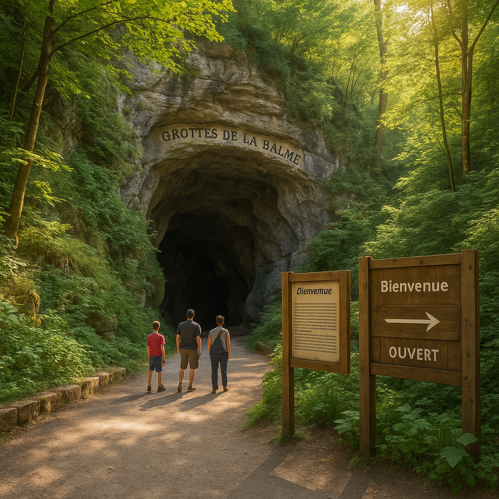 Entrée des Grottes de la Balme, entourée de végétation avec des visiteurs admirant le site.