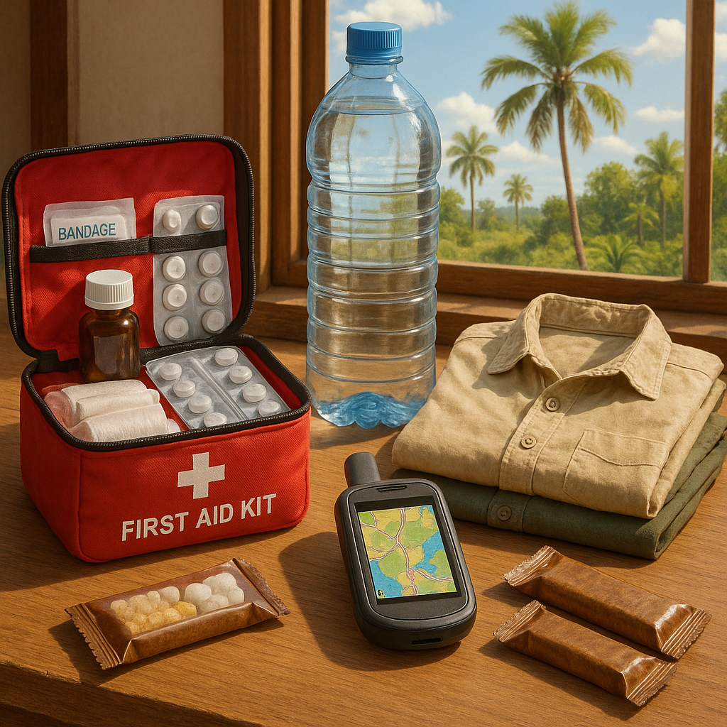 Table avec équipements indispensables pour voyager à Koriom, Soudan du Sud