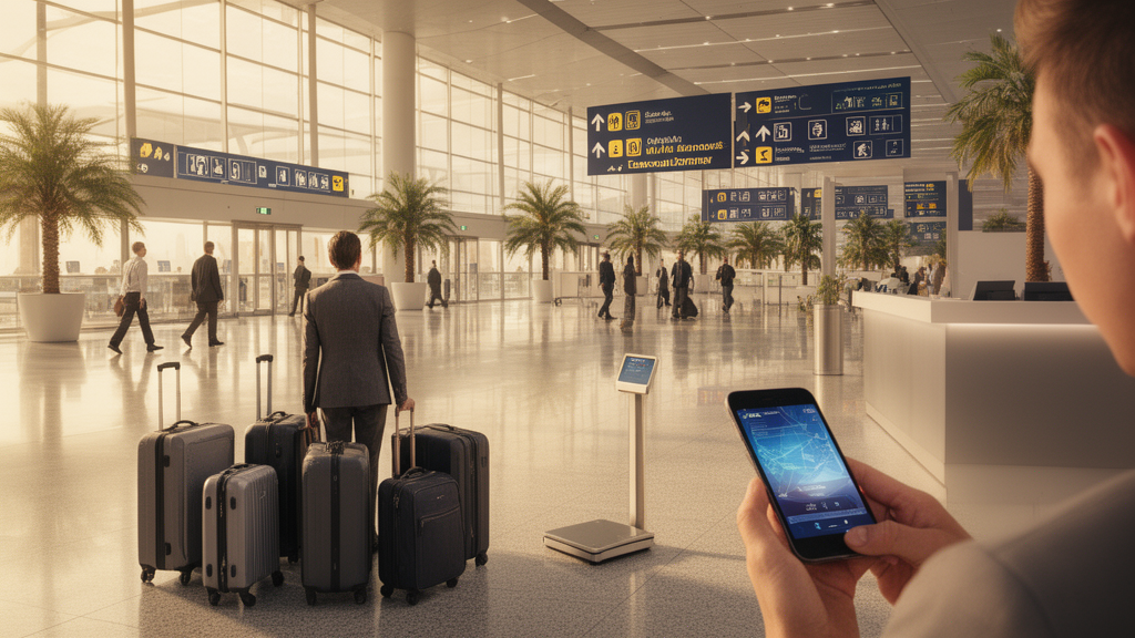 Voyageurs avec valises dans une zone de correspondance d’aéroport pour illustrer les bagages et l’escale avec Etihad