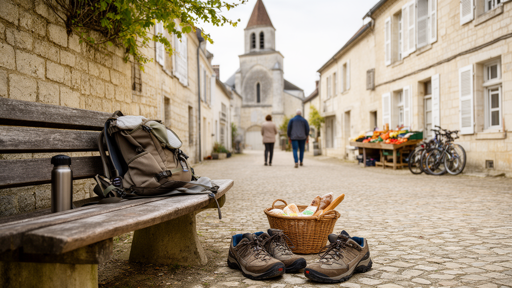 Halte dans un village de Touraine avec sac de randonnée, vélos et marché local près de Femeil