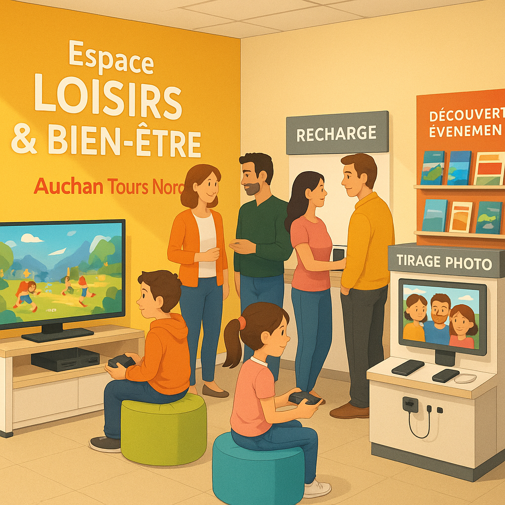 Espace loisirs et bien-être à l'intérieur d'Auchan Tours Nord avec des familles profitant des services interactifs.