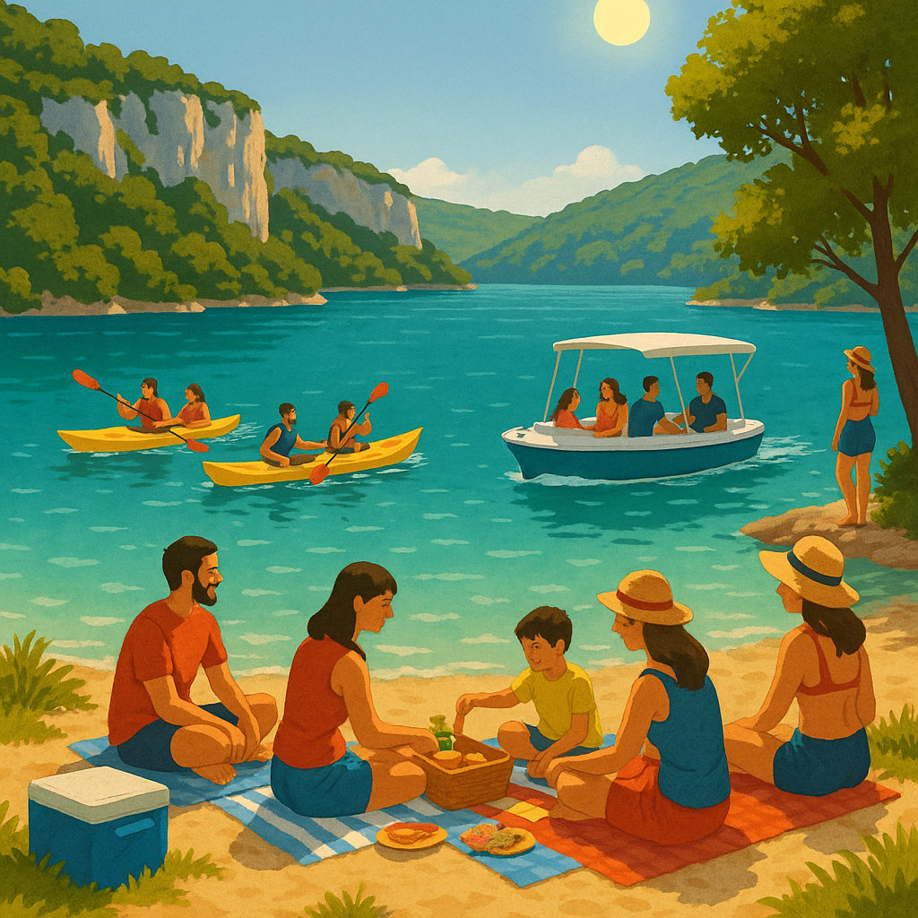 Activités nautiques au lac d'Esparron-de-Verdon avec des kayaks, des bateaux électriques et des familles profitant d'un pique-nique.