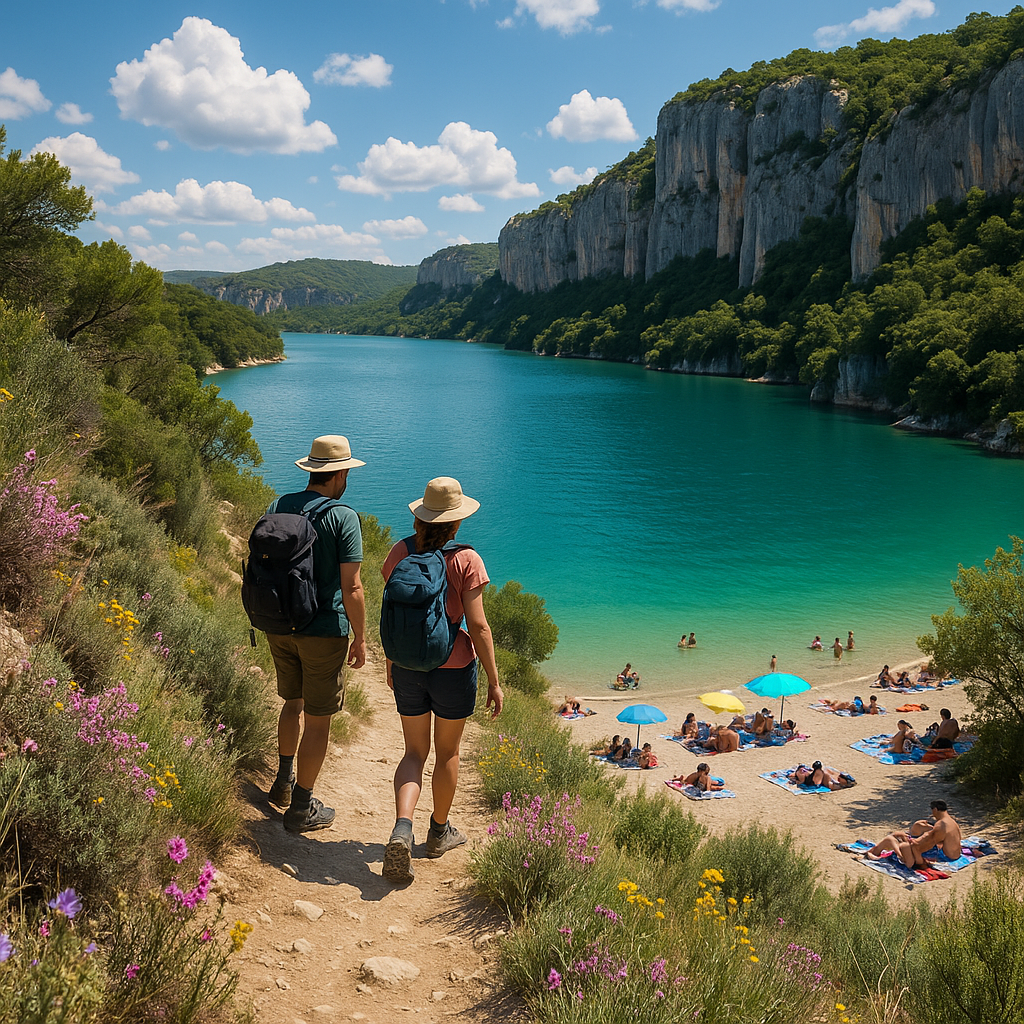 Randonneurs et familles au lac d'Esparron-de-Verdon, avec des falaises en arrière-plan et une plage de sable fin.