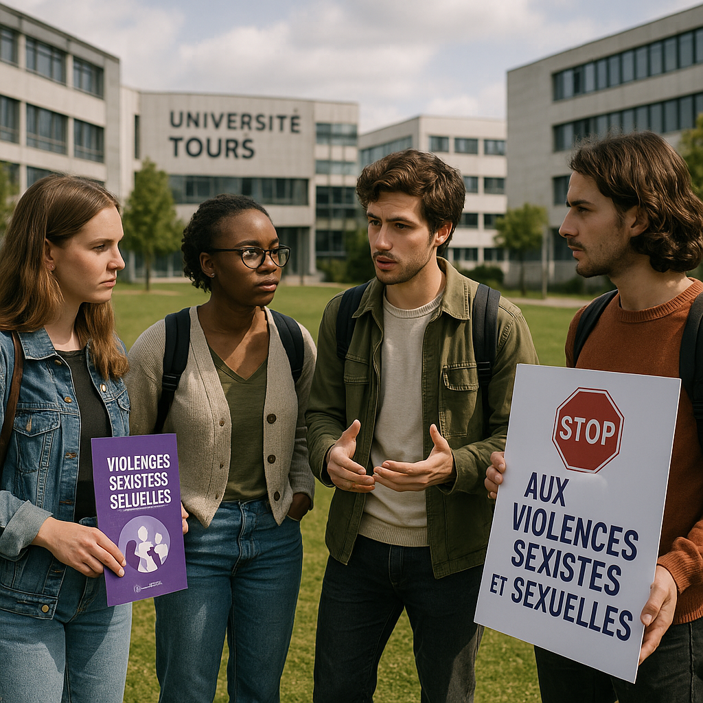 Groupe d'étudiants à l'université de Tours discutant de la prévention des violences sexistes et sexuelles.