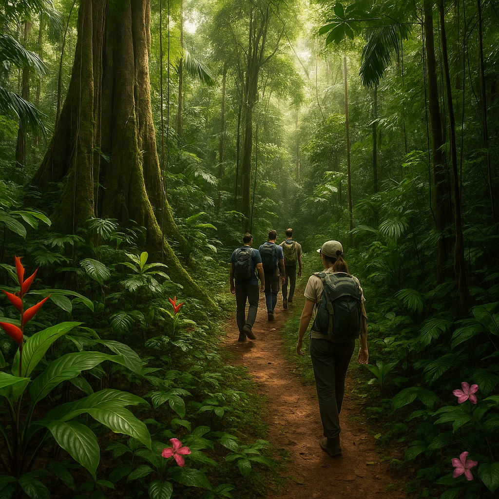 Excursion en forêt amazonienne près de Kourou avec un groupe de randonneurs sur un sentier végétal.