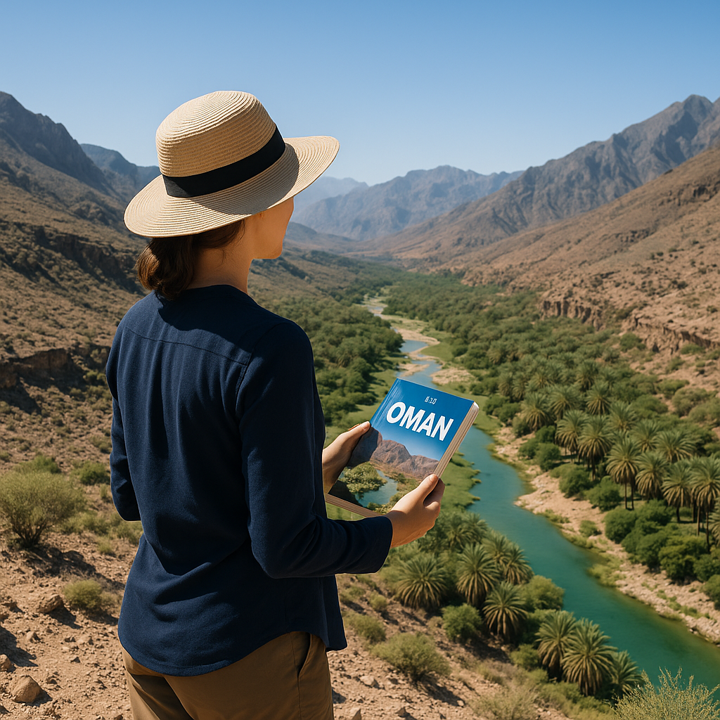 Une femme vêtue de manière appropriée admire le paysage d'Oman depuis une colline, entourée de montagnes et de nature.