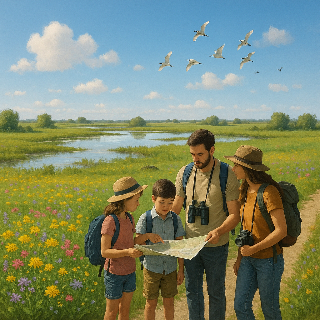 Scène de famille au Marais Breton, consultat une carte avec une prairie inondable et des oiseaux en arrière-plan.