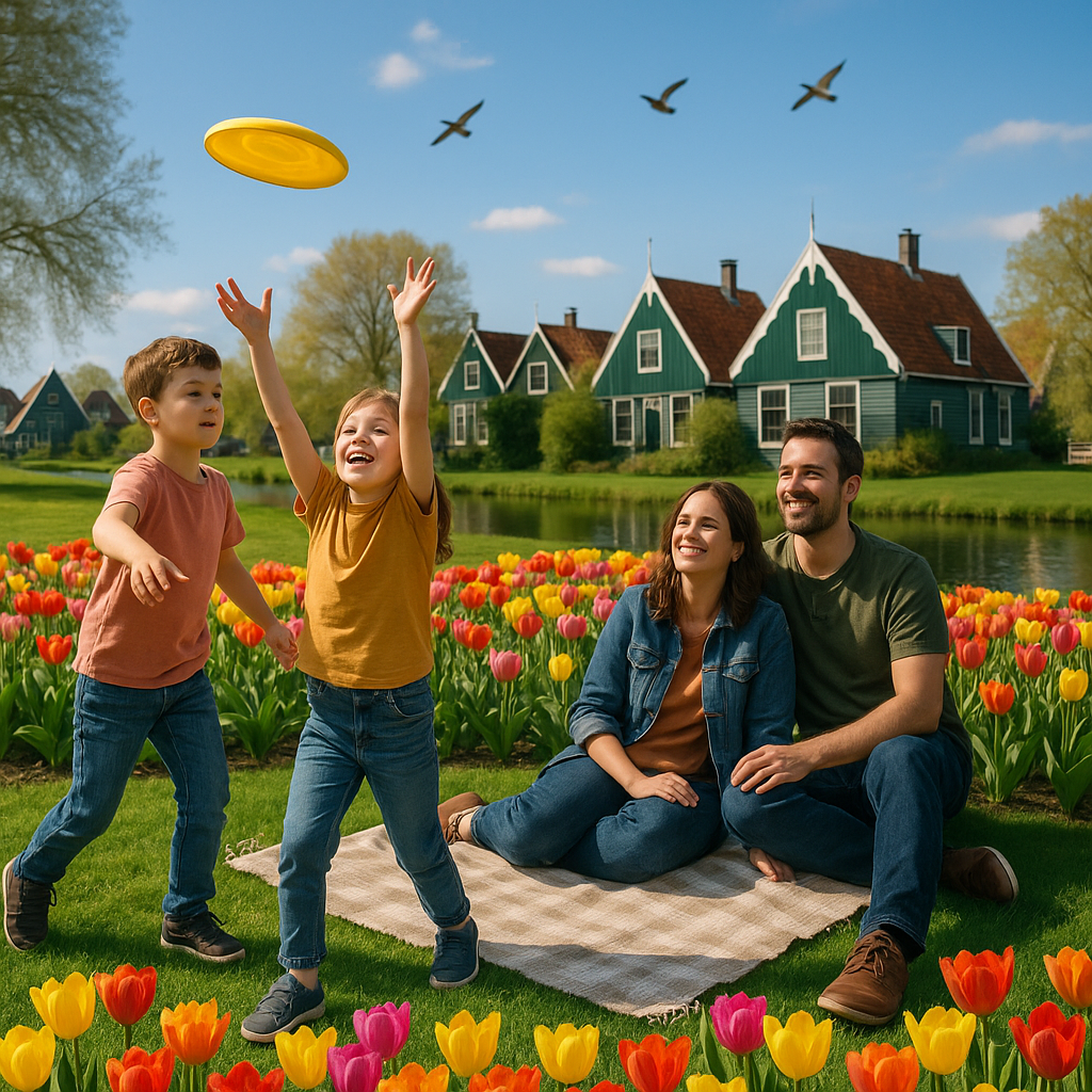 Famille profitant d'un pique-nique dans un parc néerlandais avec des tulipes et un canal en arrière-plan.