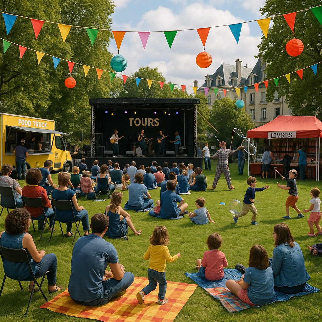 Scène d'un festival en plein air à Tours avec des familles et des artistes de rue.