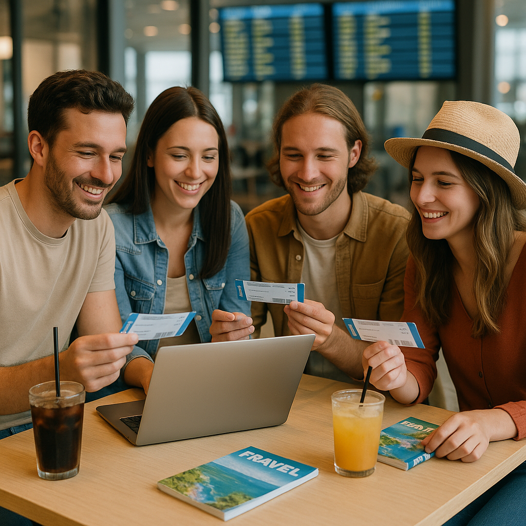 Des amis assis dans un café à l'aéroport utilisant des ordinateurs portables pour chercher des informations sur les vols.