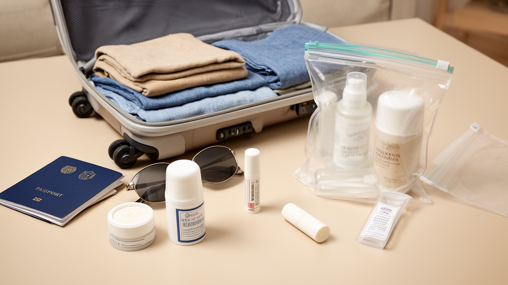 Différents formats de déodorant préparés avec un sac transparent pour voyager en avion