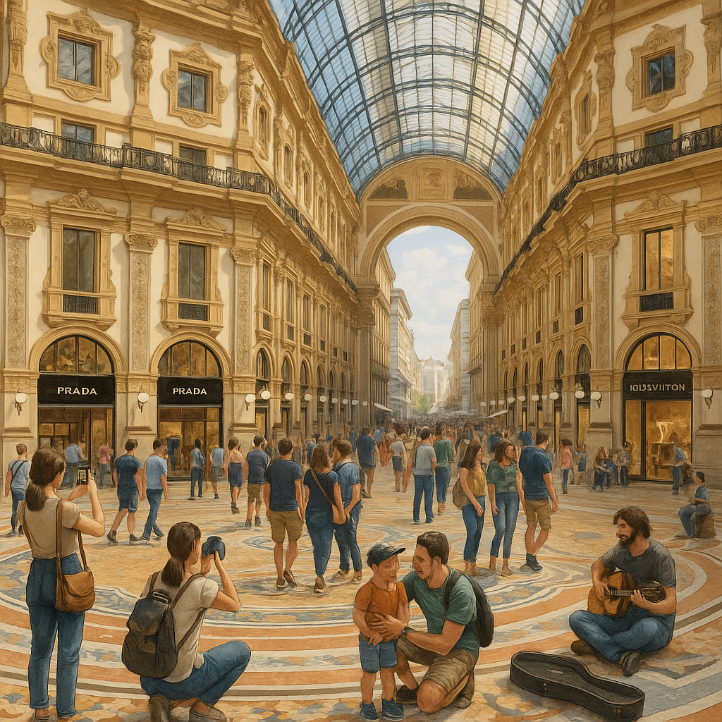 Intérieur de la Galleria Vittorio Emanuele II à Milan avec des visiteurs, boutiques et mosaïques, illustrant l'animation de cet espace culturel.